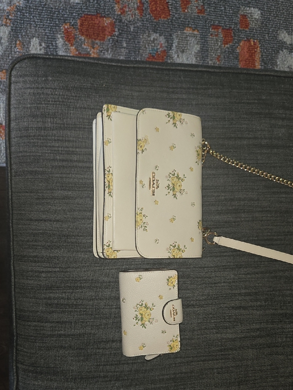 Coach Cream Floral Leather Crossbody Bag and Wallet Set with Gold Chain